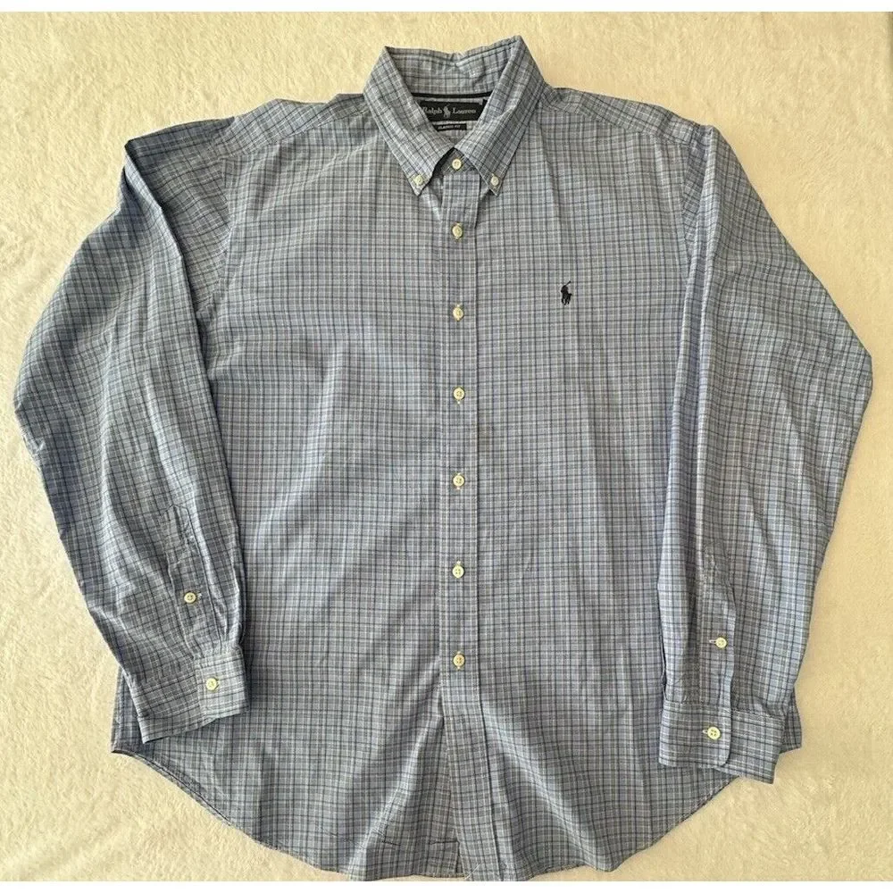 Ralph Lauren Shirt Men XXL BLUE Plaid Cotton Button Down EUC Classic ~ Fast Ship